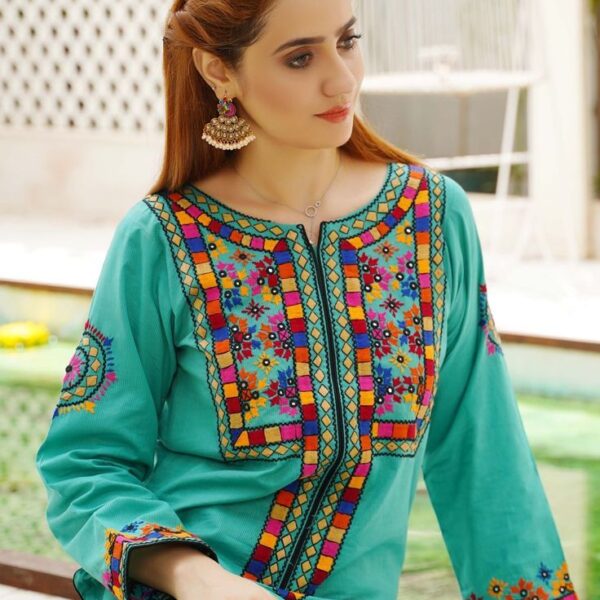Hand Stitch Women Dress Green Handmade